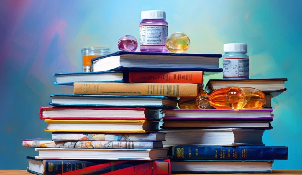 A stack of colorful books with various medicine bottles and large gel capsules placed on top, set against a gradient blue background.