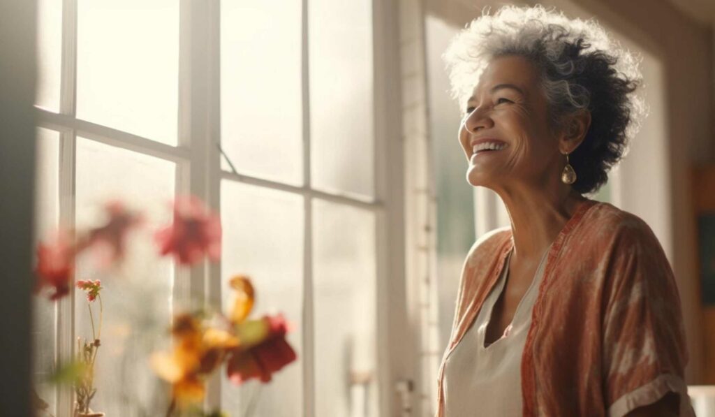 An older woman with curly gray hair, living vibrantly despite Multiple Myeloma, smiles brightly while standing by a sunlit window in a light-colored top and peach cardigan. Flowers are visible in the foreground.
