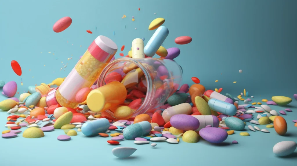 A glass jar tipped over on a blue surface, spilling out a colorful mix of capsules, tablets, and pills of various shapes and sizes. Some pills are bouncing or scattered in mid-air.