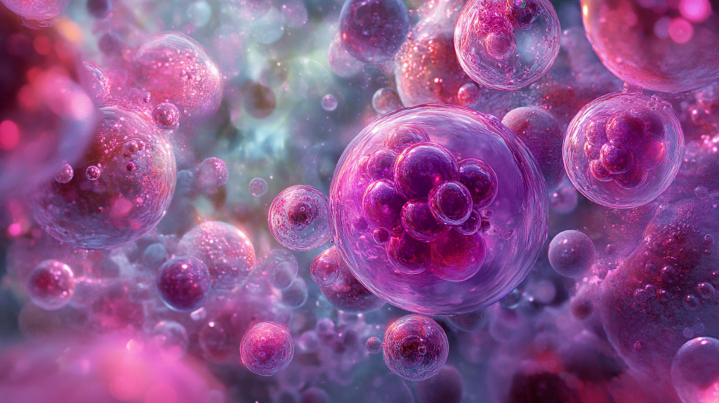 Colorful, glowing pink and purple cells float in a dreamy, semi-transparent environment, some with visible nuclei and structures, creating a vibrant microscopic or biological scene.