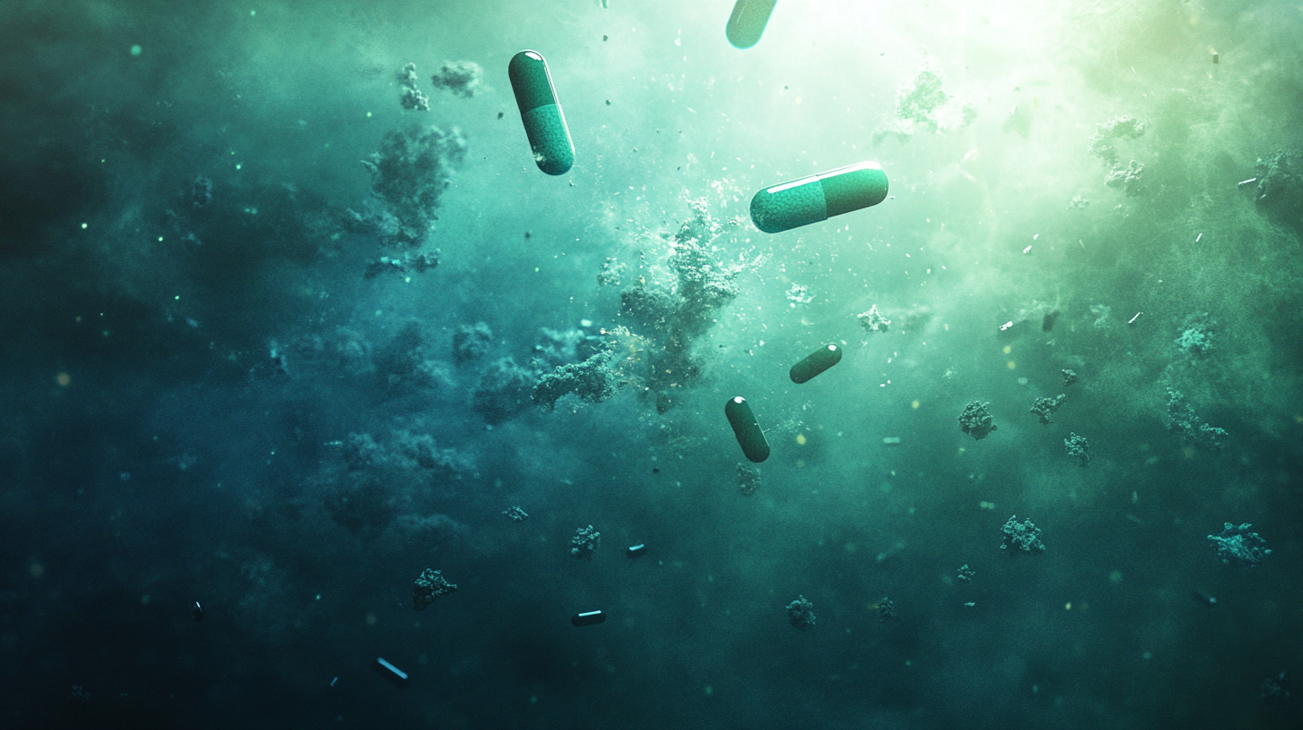 Several capsules and particles float in a teal, cloud-like environment, illuminated by a bright light in the top right, creating a mysterious, underwater or sci-fi atmosphere.