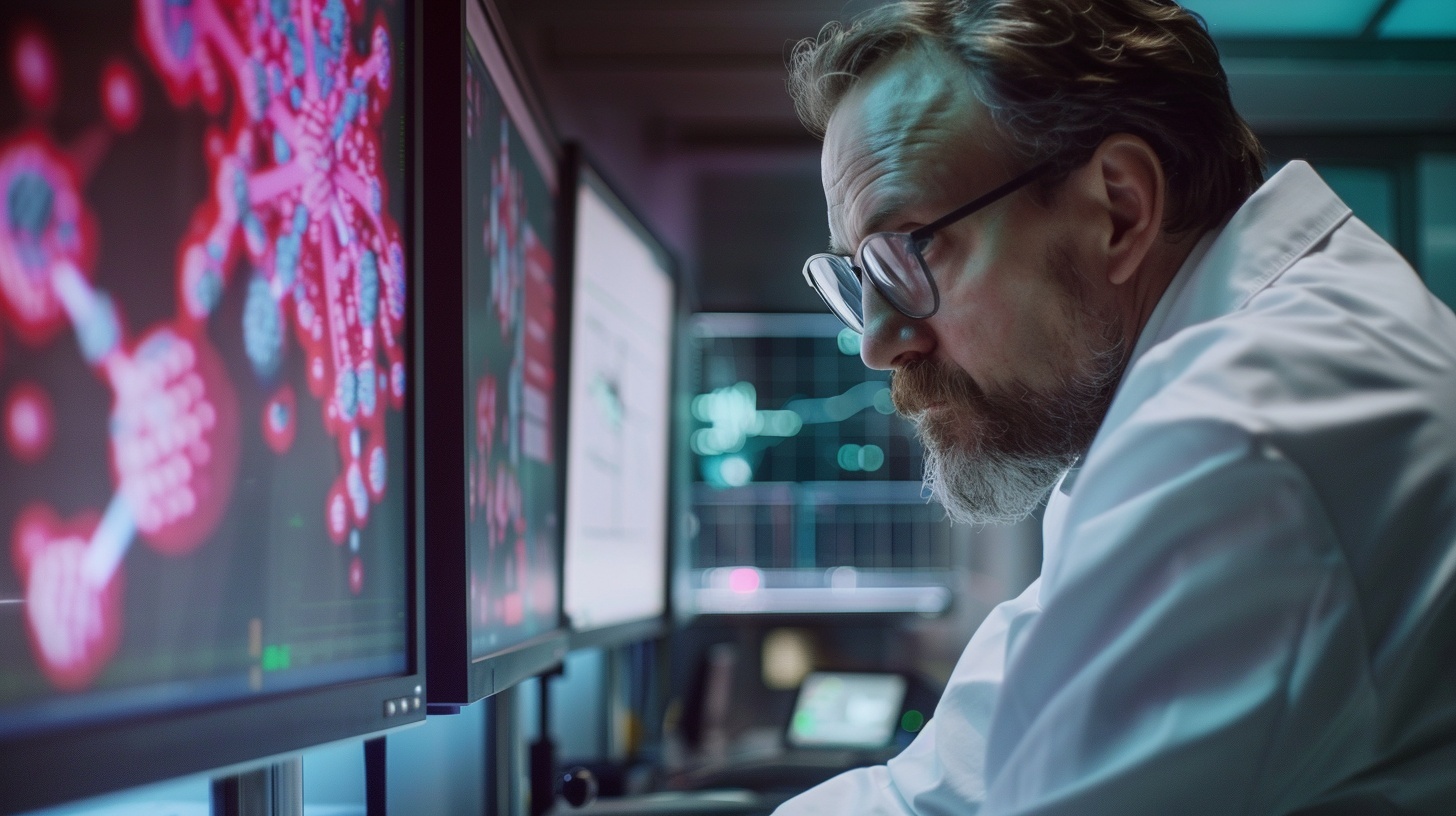 A scientist in a lab coat and glasses closely examines computer screens displaying magnified images of viruses or bacteria, in a high-tech laboratory setting.