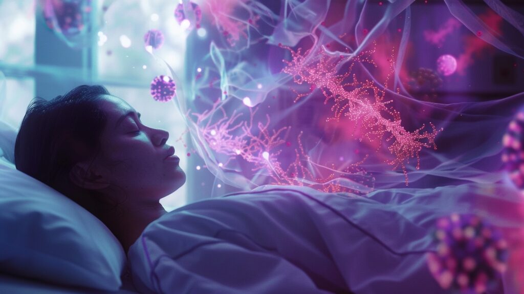 A woman sleeps in bed as colorful, glowing representations of viruses and cells float around her, symbolizing a dreamlike or immune response scene. The atmosphere is ethereal with pink and purple hues.
