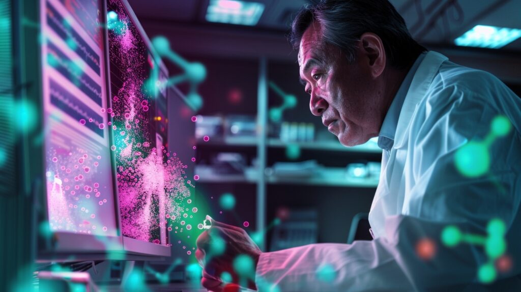 A scientist in a lab coat studies glowing molecular structures and data on computer screens in a modern laboratory, analyzing the effects of Fenbendazole with colorful digital graphics representing scientific analysis.