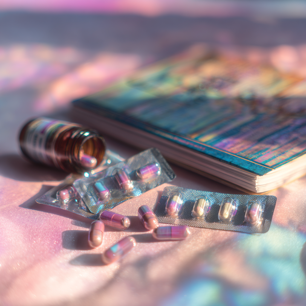 A close-up of pink and purple capsules, including fenbendazole, in blister packs and a pill bottle, scattered on a pastel-colored surface next to a closed, colorful book. Soft light creates a dreamy, gentle atmosphere.