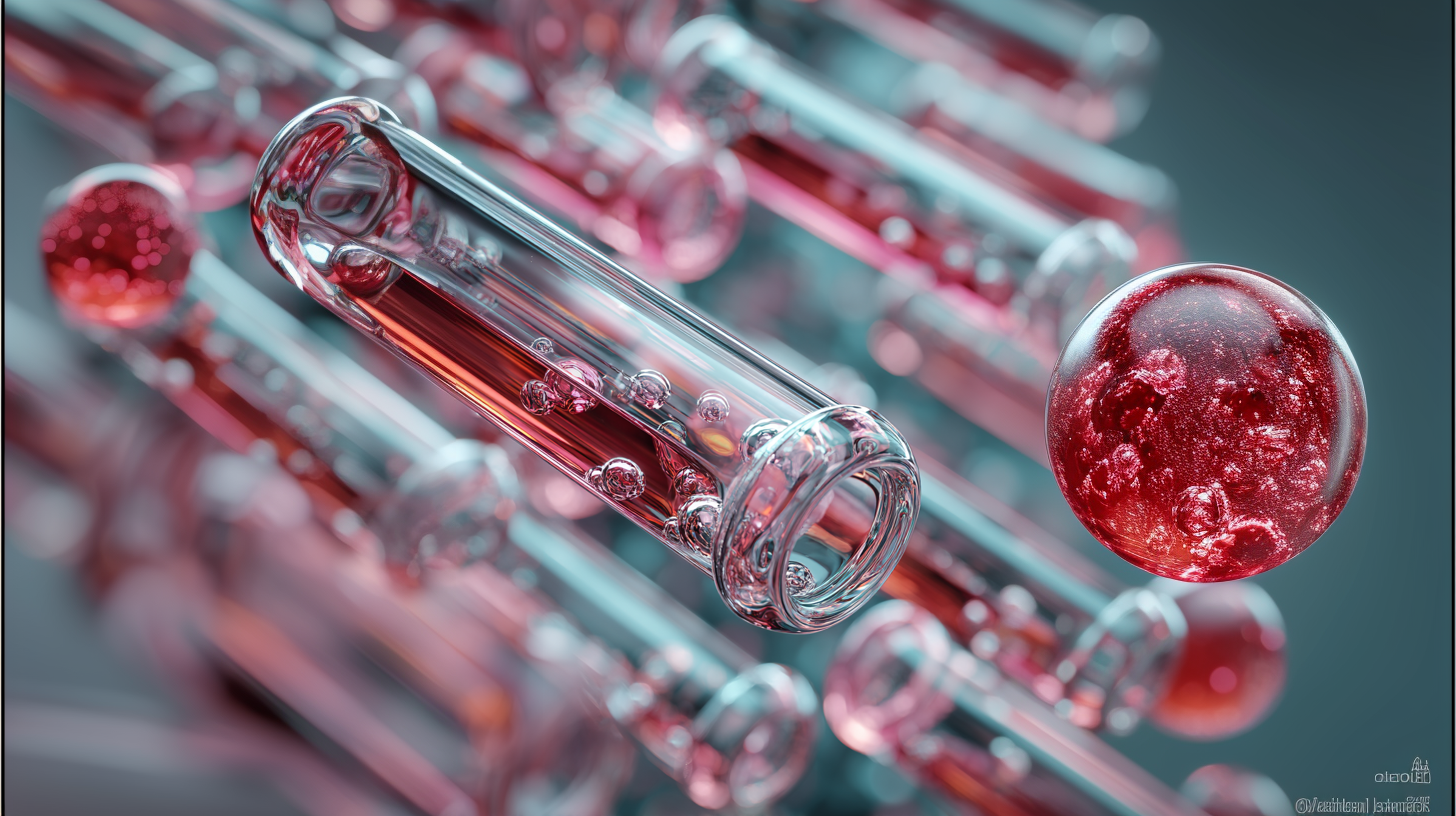 A close-up of several transparent glass test tubes filled with red liquid and bubbles, with a large red droplet suspended in the foreground, evokes a scientific and futuristic feel reminiscent of a fenbendazole COA laboratory setting.