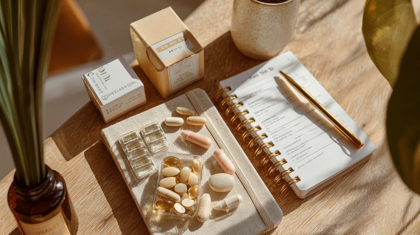 A tabletop with various supplement pills, glass vials, skincare boxes, a ceramic cup, a spiral notebook with a gold pen detailing the Fenbendazole protocol, and a potted plant, all softly lit by sunlight.