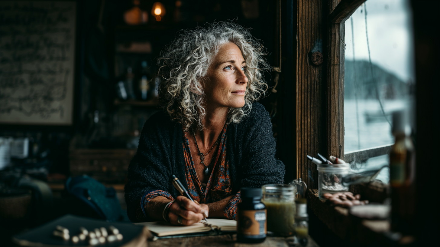 A woman with curly gray hair sits indoors by a window, thoughtfully writing success stories in her notebook. She is surrounded by jars, candles, and art supplies, and looks outside at a rainy landscape.
