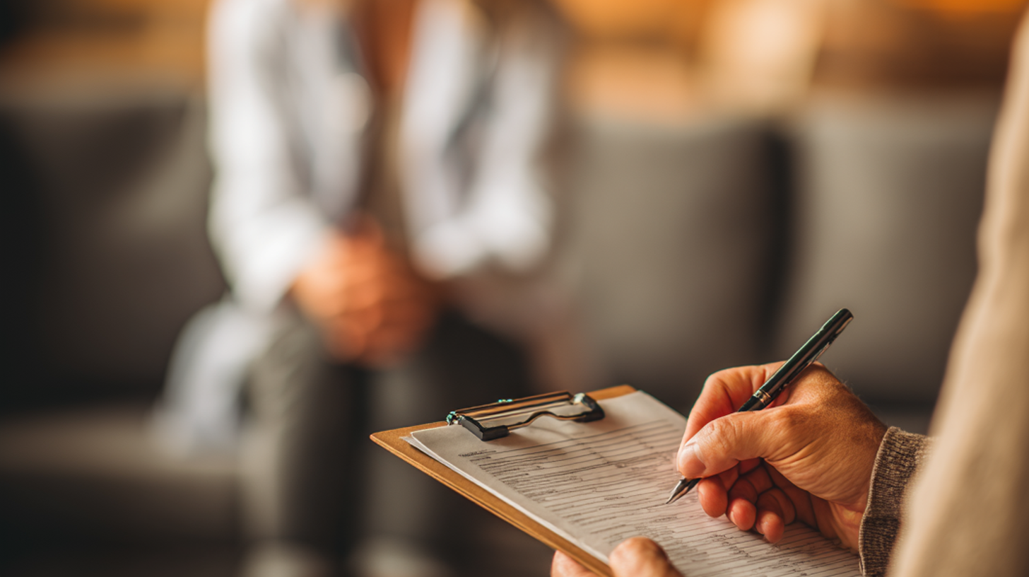 A person holding a clipboard and pen takes notes as another, seated in the background with hands clasped, discusses experiences with off-label treatments during a counseling or therapy session.