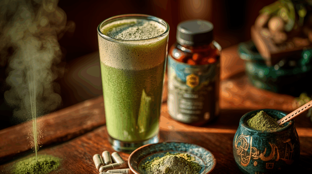 A glass of frothy green drink sits on a wooden table, surrounded by spirulina powder, a small bowl of capsules, and a supplement bottle—capturing the healthy beginnings behind many success stories in a warm, sunlit setting.