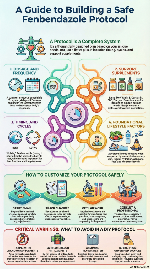 Infographic titled A Guide to Building a Safe Fenbendazole Protocol, outlining steps, supplementation, timing, lifestyle factors, customization tips, and warnings for an effective Fenbendazole protocol in a colorful layout with icons and illustrations.