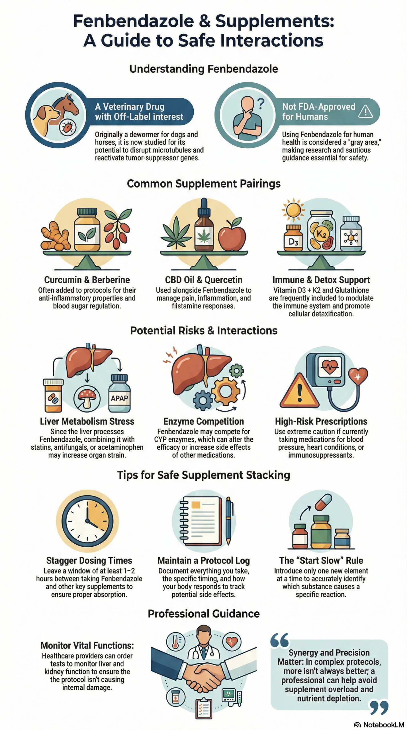 Infographic titled Fenbendazole and other supplements: A Guide to Safe Interactions, with sections on uses, recommended supplement pairings, potential risks, stacking tips, and key safety advice—illustrated with helpful icons and concise text.