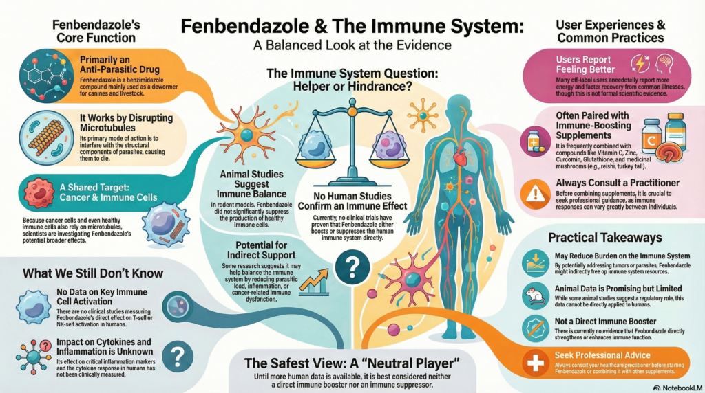 Infographic explaining fenbendazole’s function, potential effects on the immune system, unknowns, and practical takeaways using diagrams of the immune system, scales, and drugs, with color-coded text boxes highlighting key points.