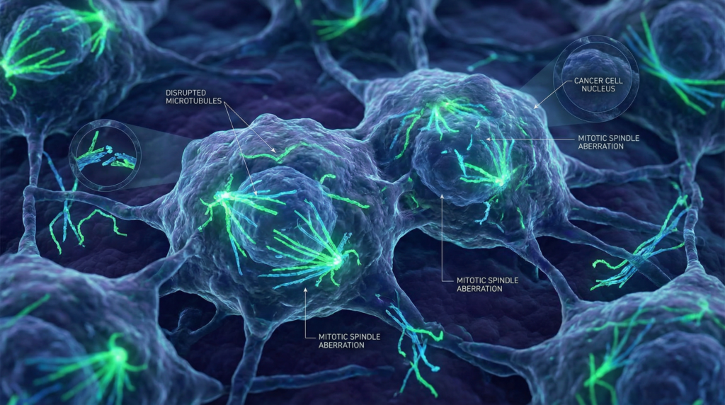 A microscopic view of cancer cells showing green mitotic spindles and disrupted microtubules. Labeled structures highlight how fenbendazole disrupts cancer cells, with spindle aberration and the cancer cell nucleus against a dark purple background.