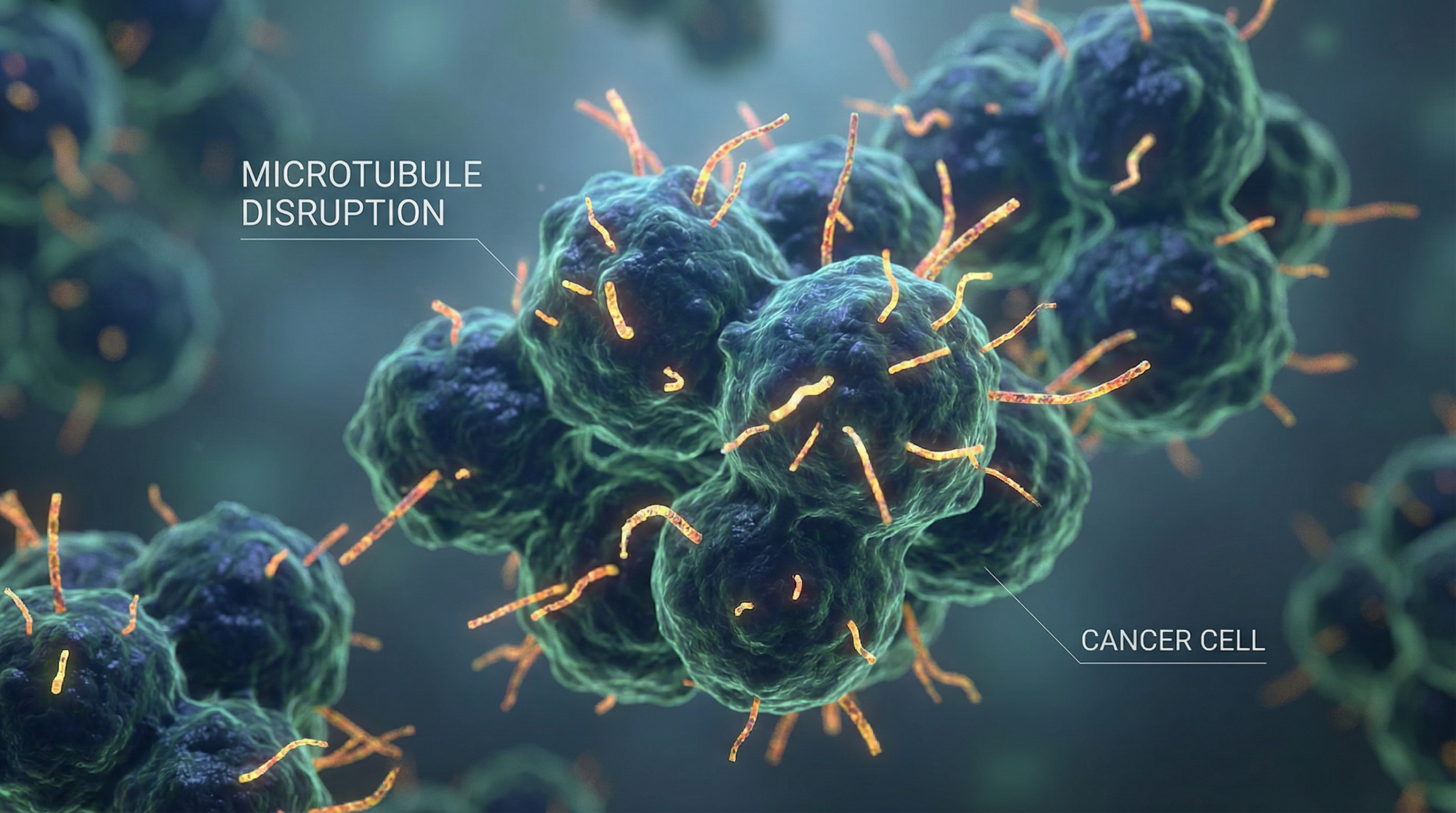 3D illustration of clustered cancer cells with orange microtubules disrupted throughout, highlighting how fenbendazole disrupts cancer cells. Labels indicate “MICROTUBULE DISRUPTION” on filaments and “CANCER CELL” on the cluster, with a soft, blurred background.