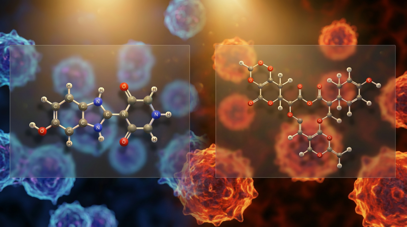 Two molecular structures, including ivermectin, are shown in front of a blurred background of blue and red cells. The left molecule is smaller with blue and red atoms; the right, likely ivermectin, is larger with multiple rings in red and orange tones.